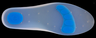 Pedifix GelStep 100% Medical Grade Silicone Gel Insoles highlighting the extra soft blue silicone soft spots at the ball of the foot and the heel