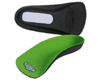 Kidzerts 3/4 length Children's arch support insoles pair with one face up and one on its side showing the bottom